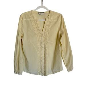 Orvis Vintage 100% Cotton V-Neck Boho Prep Ruffle Striped Button Down LS Top